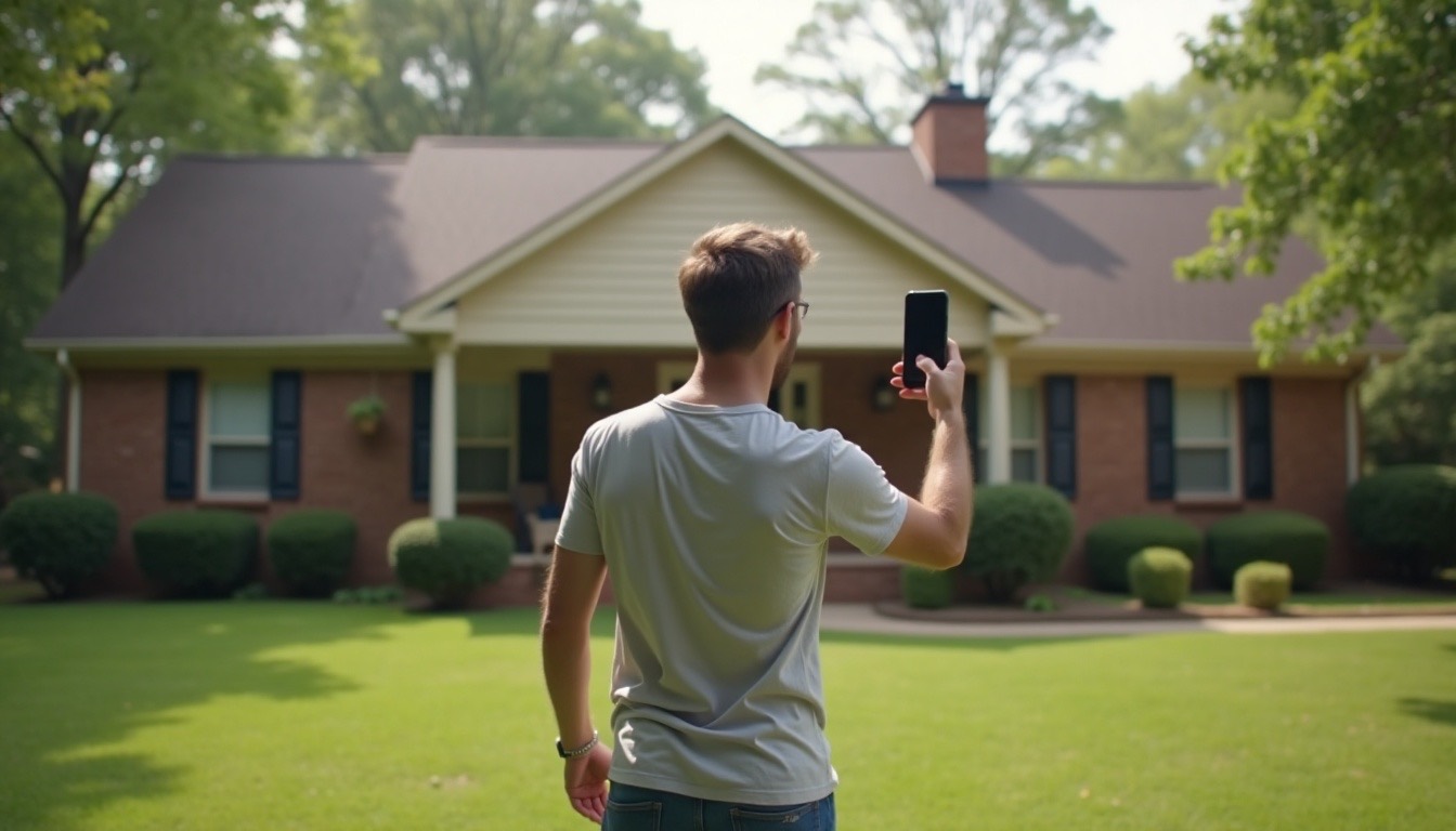 Homeowner photographing their roof from the front yard