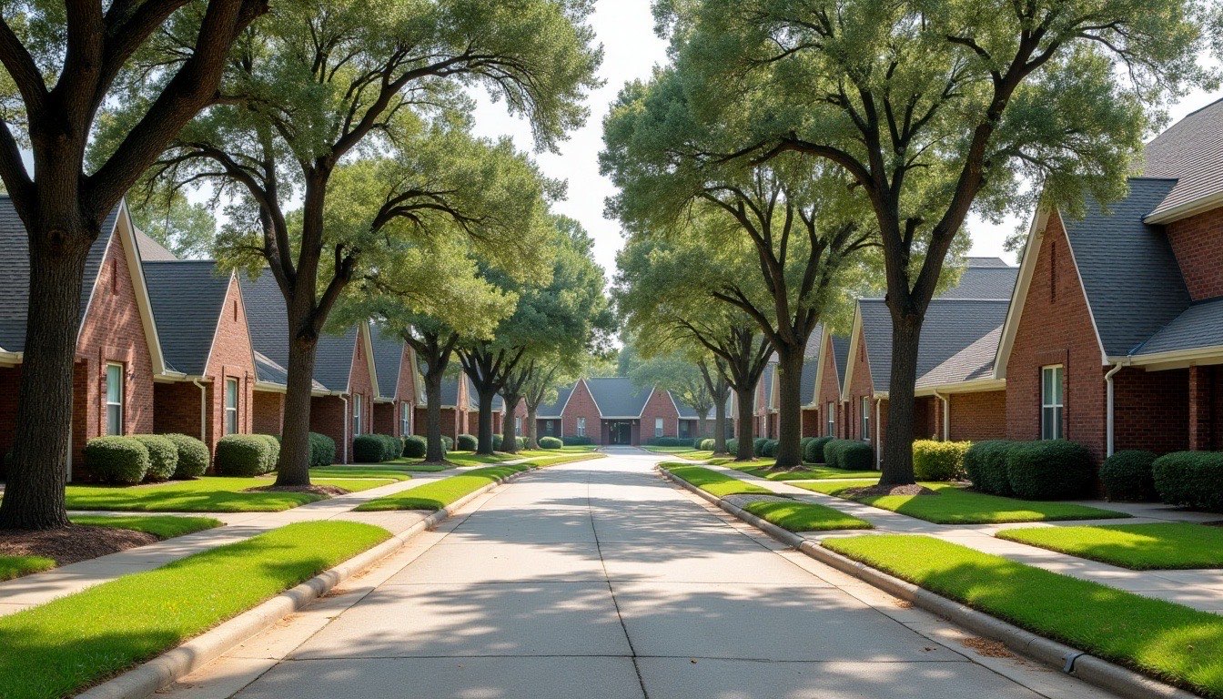 Tree-lined street of brick homes in Madison, Alabama