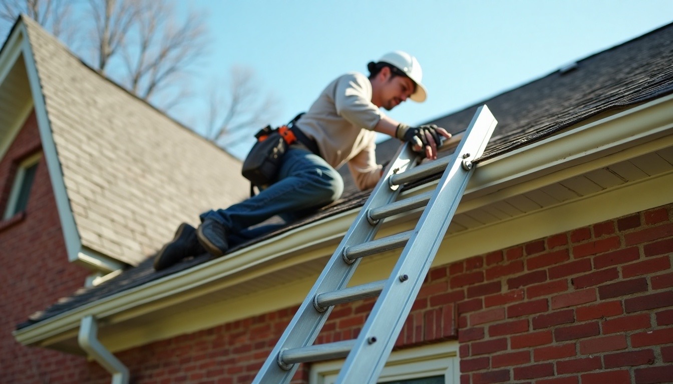 Roofer on a ladder inspecting shingles at the eave