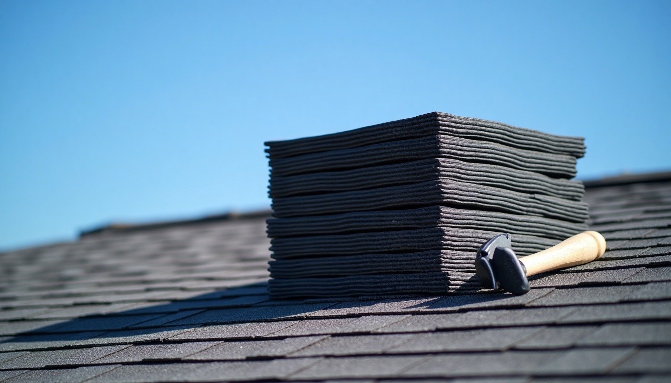 Shingle bundles staged on a roof ridge