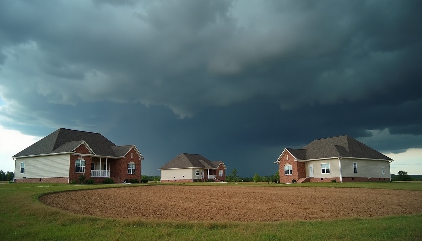 New subdivision homes under a dark storm sky near Toney